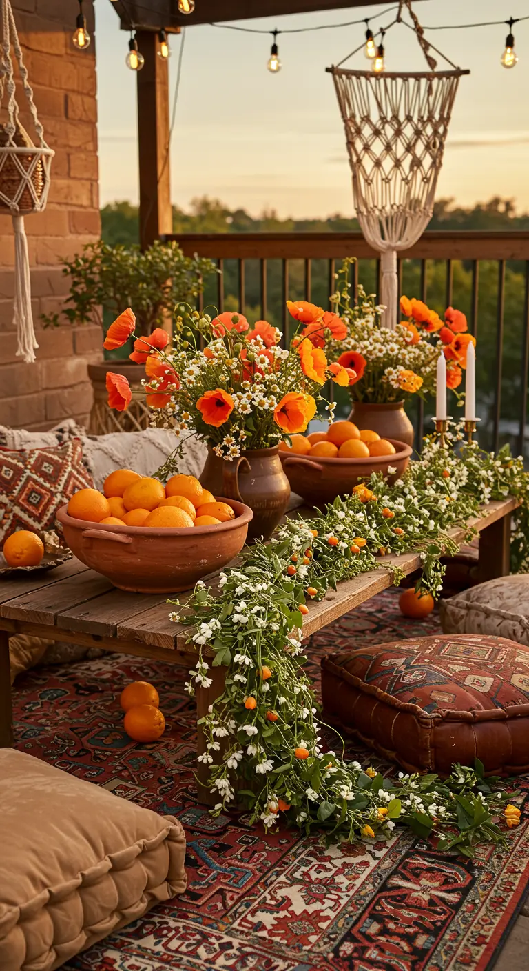A low boho-style table on a balcony with oranges in terracotta bowls and floor cushions.