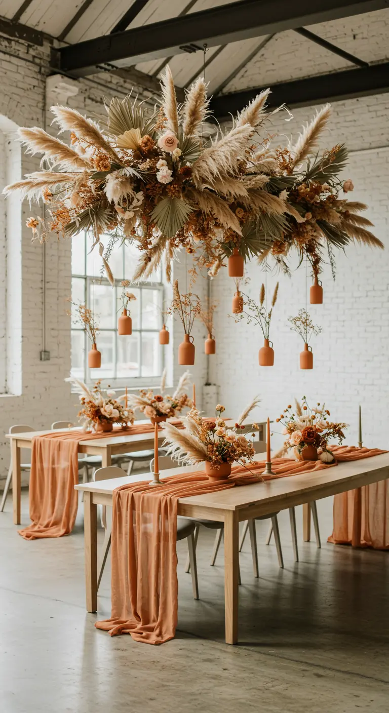A large dried floral installation with hanging terracotta vases in an industrial space.