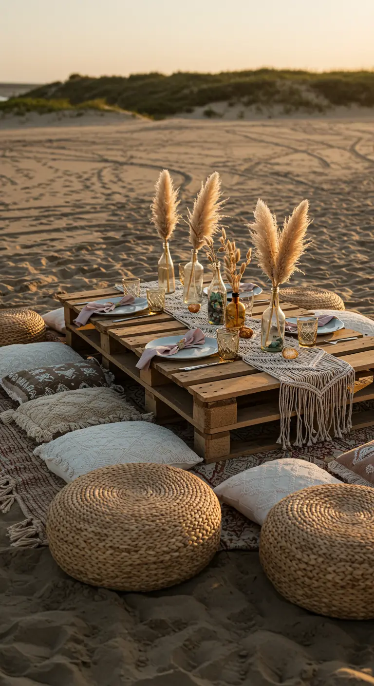 Boho beach picnic with a pallet table, pampas grass, and floor cushions.