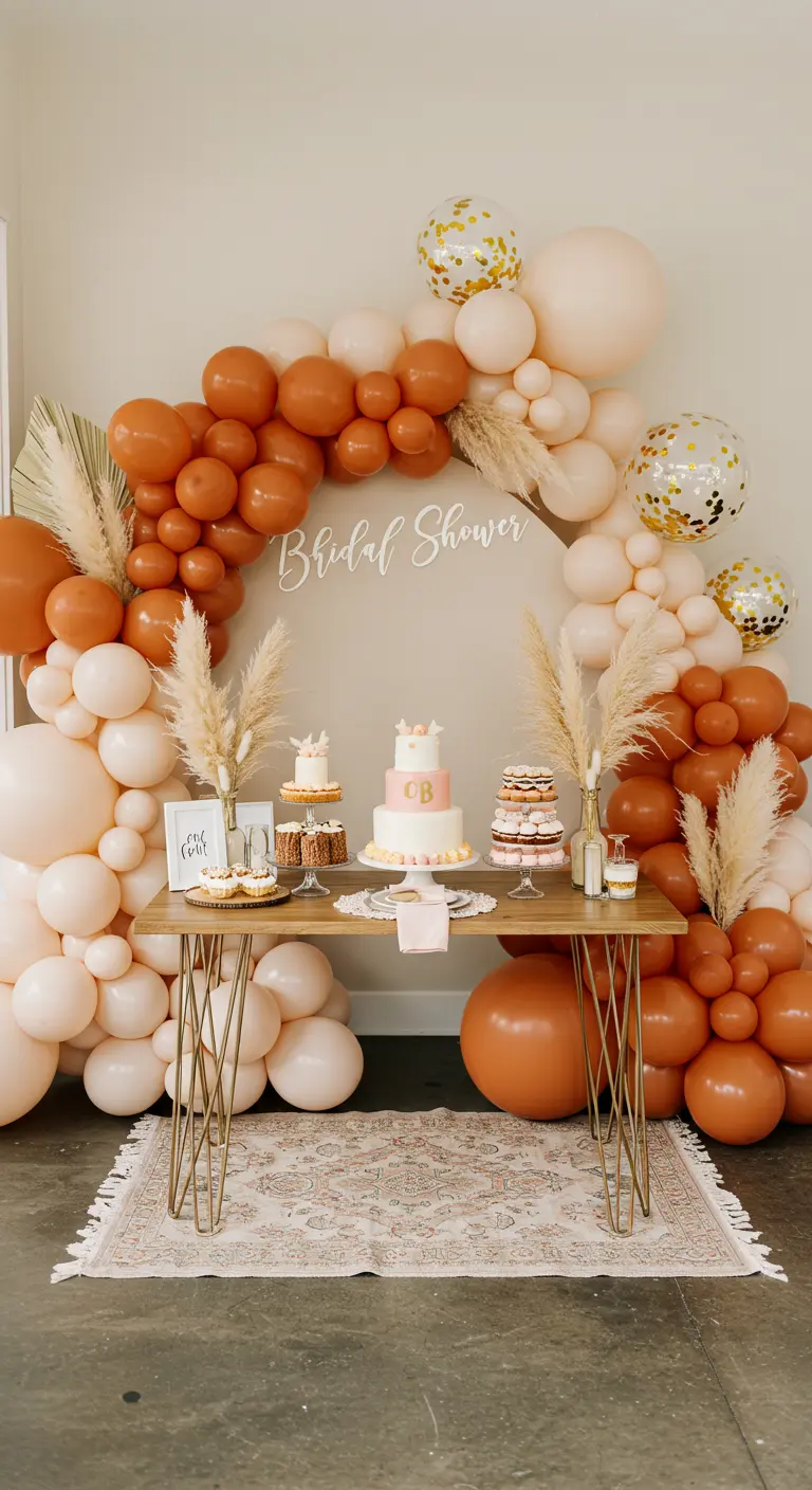A boho-themed balloon arch in terracotta and beige, with pampas grass, for a bridal shower.