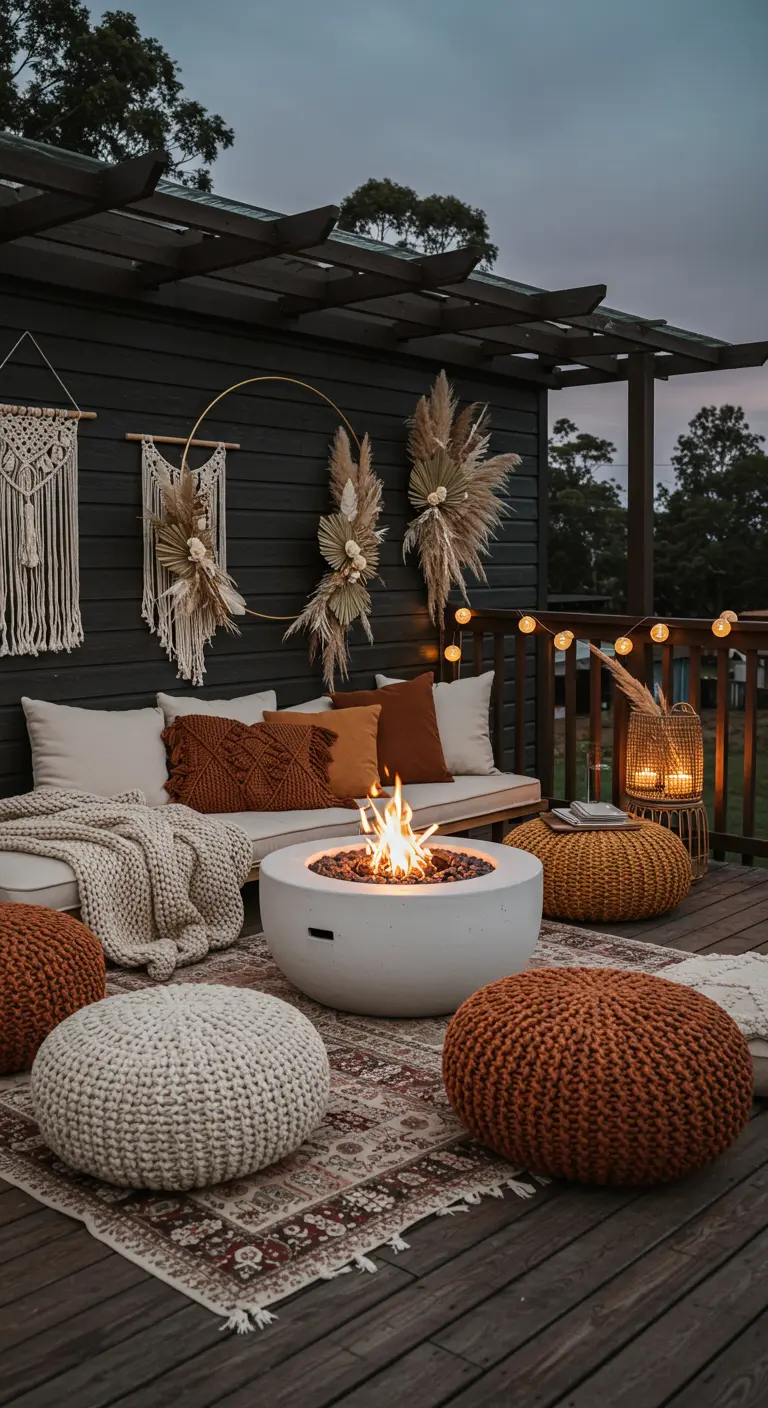 Boho patio with a white fire pit, macrame wall hangings, and chunky knit poufs.