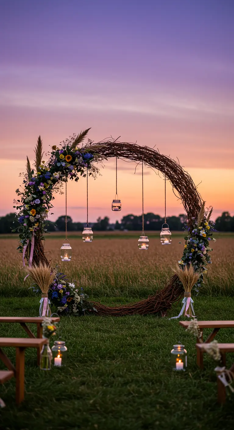 A large circular grapevine wreath arch in a field at sunset, with wildflowers and hanging jars.