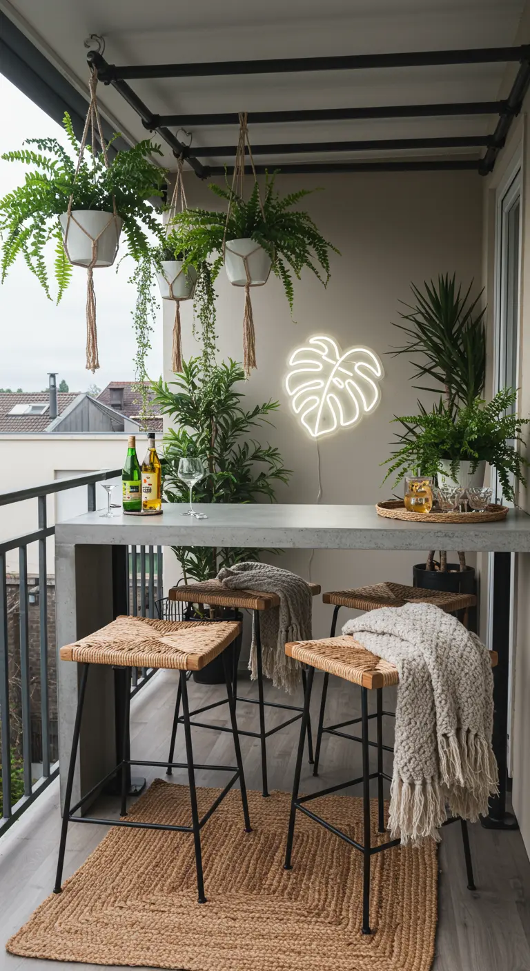 Balcony bar with hanging ferns, a concrete table, woven stools, and a monstera leaf neon sign.