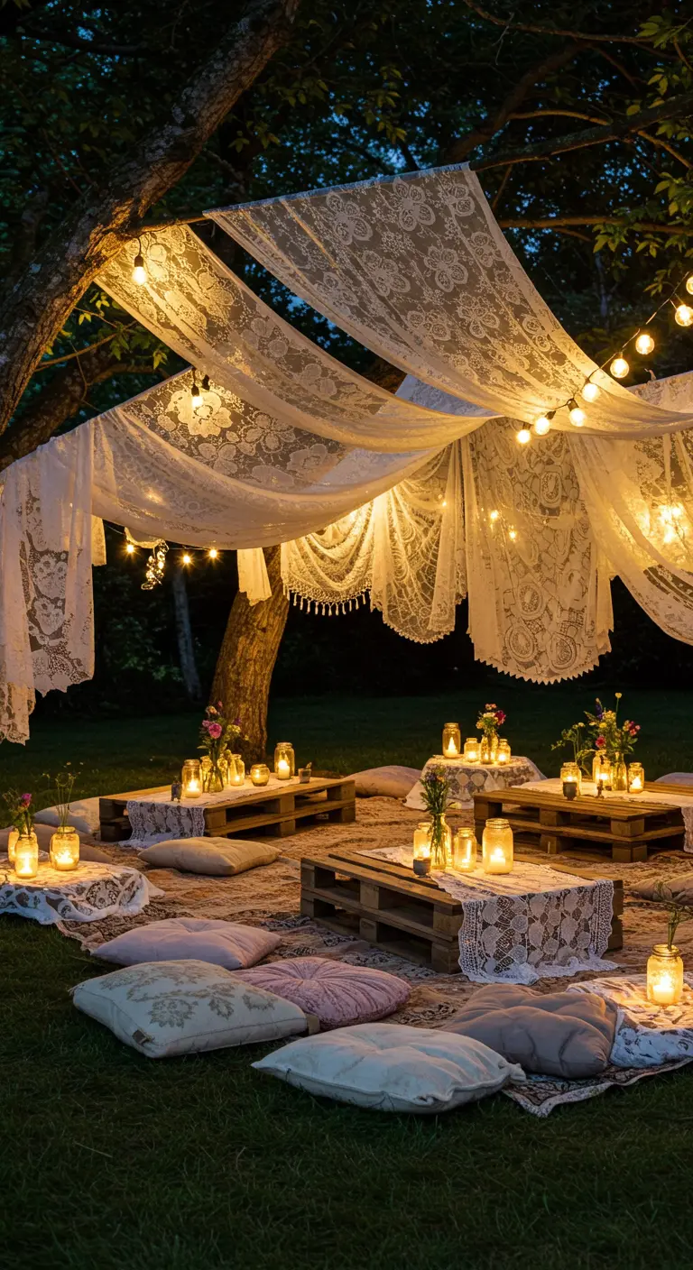 A canopy of white lace fabric and string lights in a garden at night.