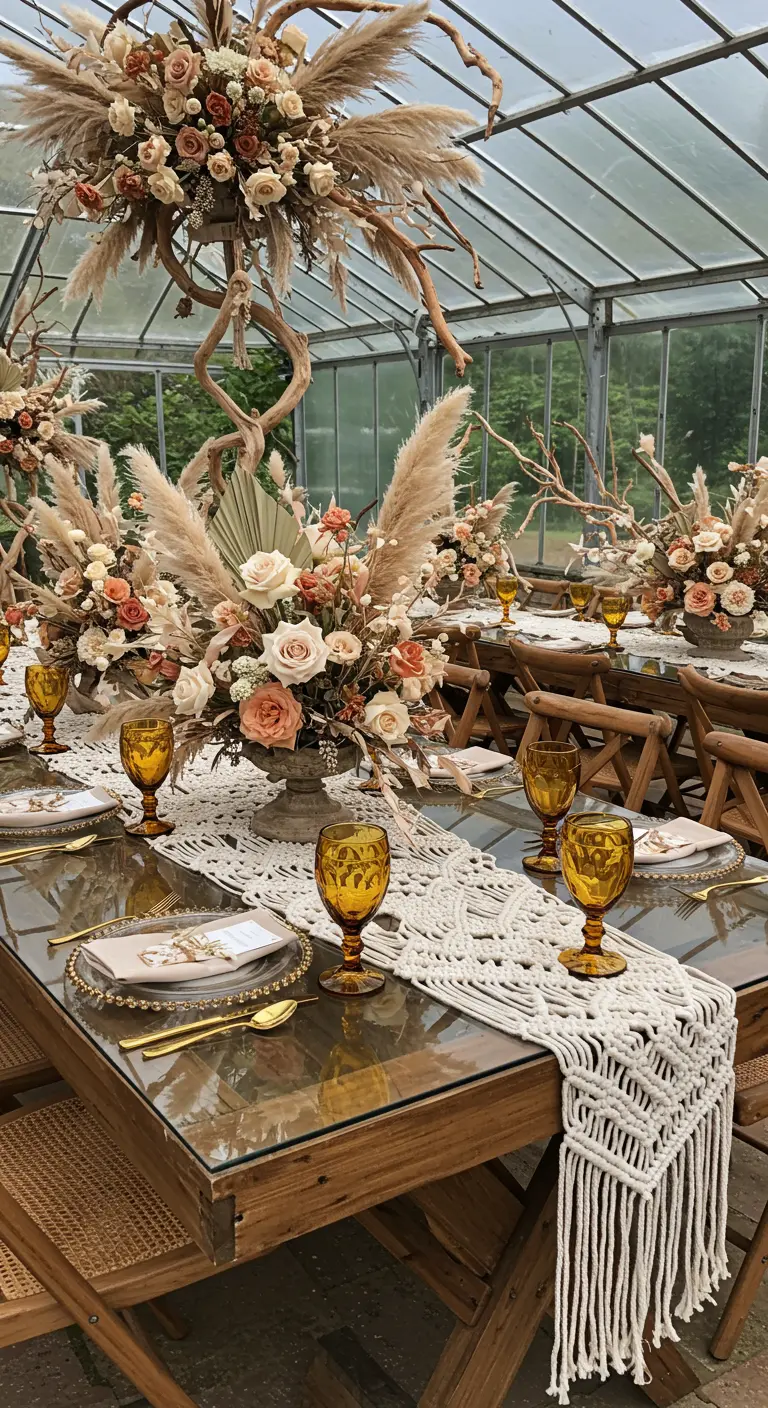 Boho wedding table with a macrame runner, amber goblets, and pampas grass arrangements.