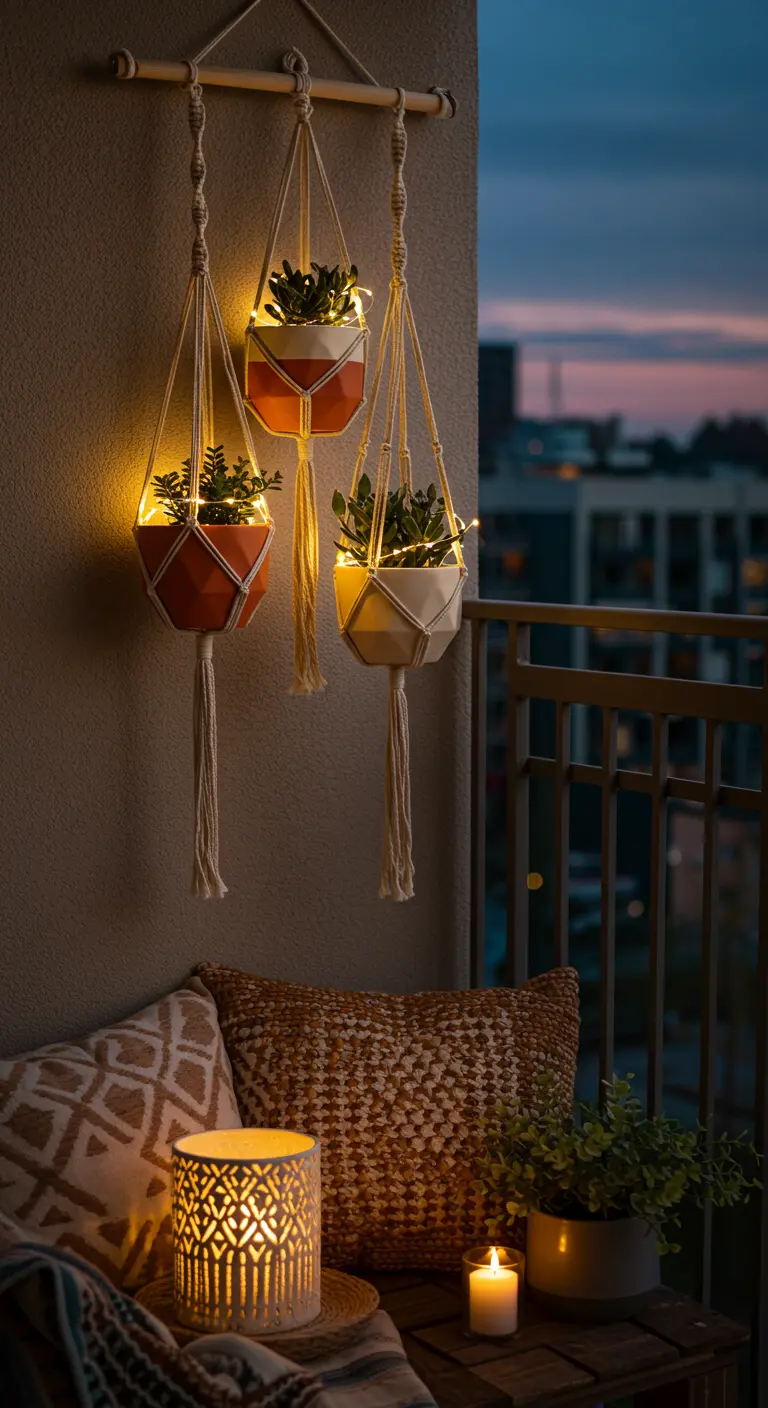 Three macrame plant hangers with glowing pots, hanging above a cozy balcony seating area.