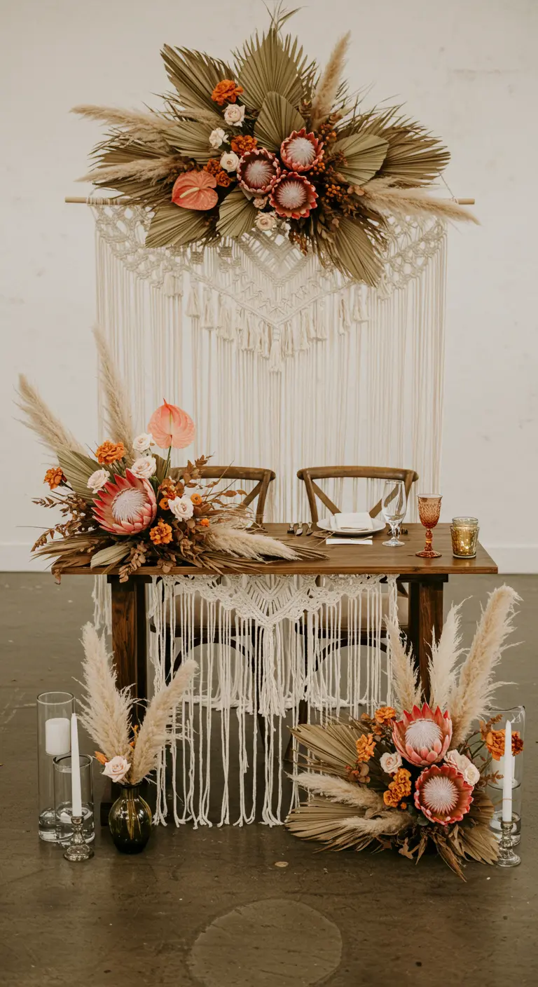 A sweetheart table with a macramé backdrop and dried floral arrangements featuring protea and palms.