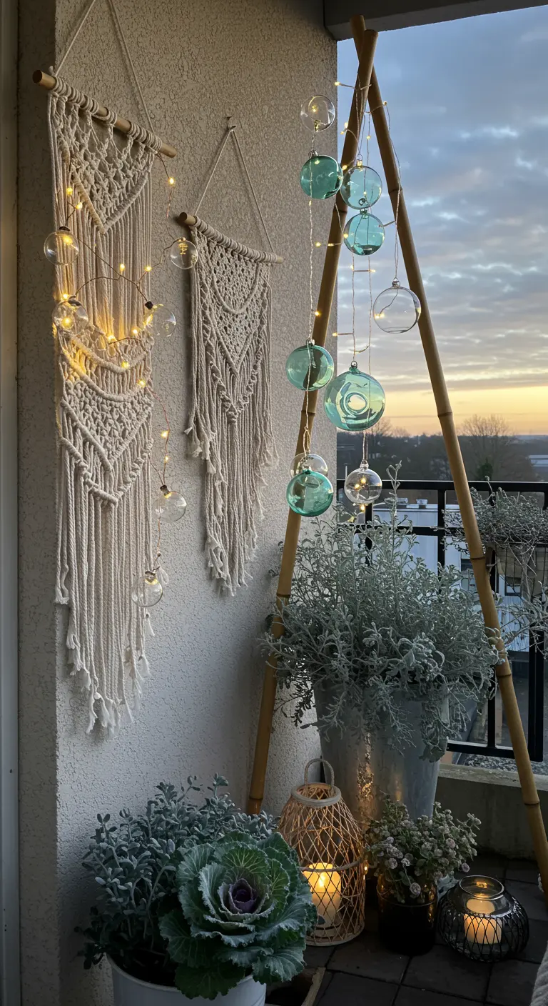 Boho-inspired balcony with macrame, bamboo, ornamental kale, and hanging glass baubles.