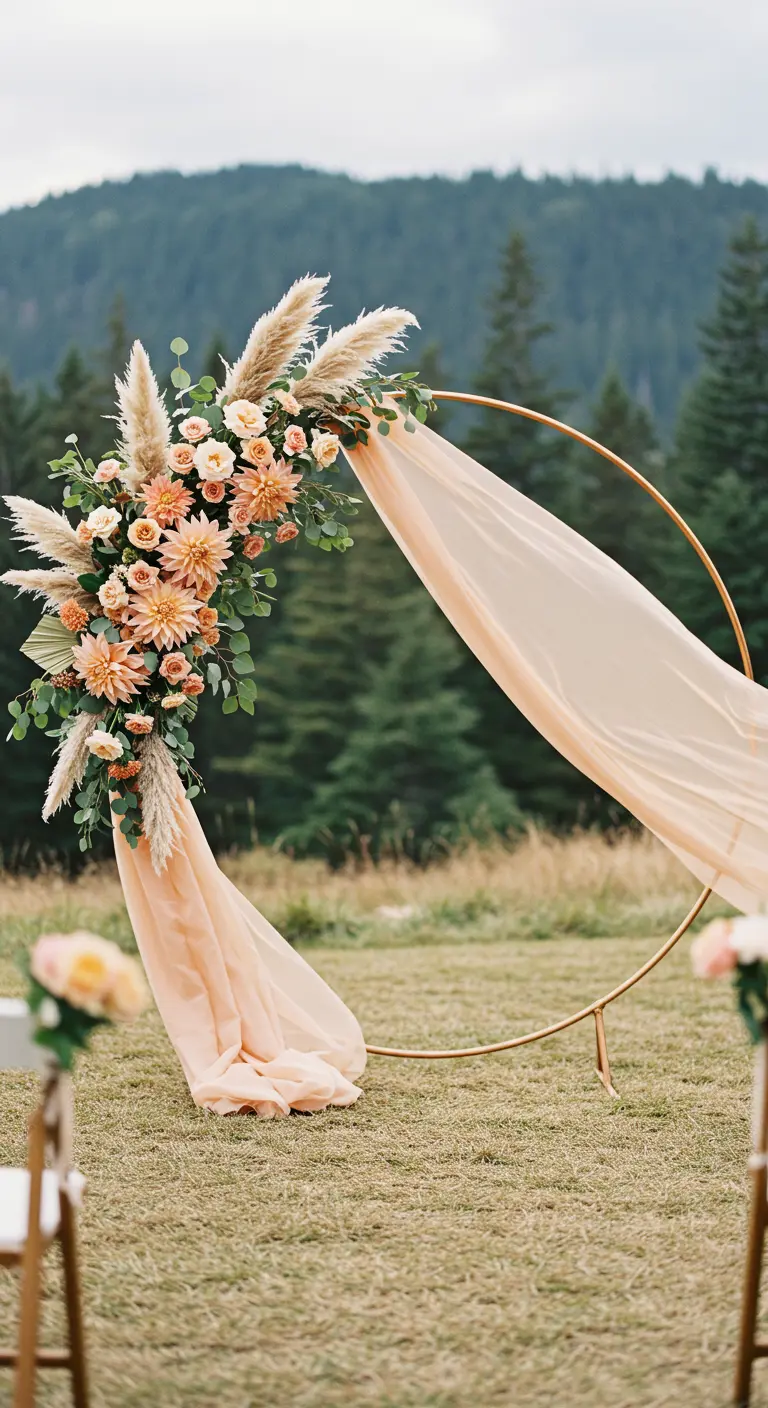 A gold hoop wedding arch with pampas grass and peach flowers in a field.