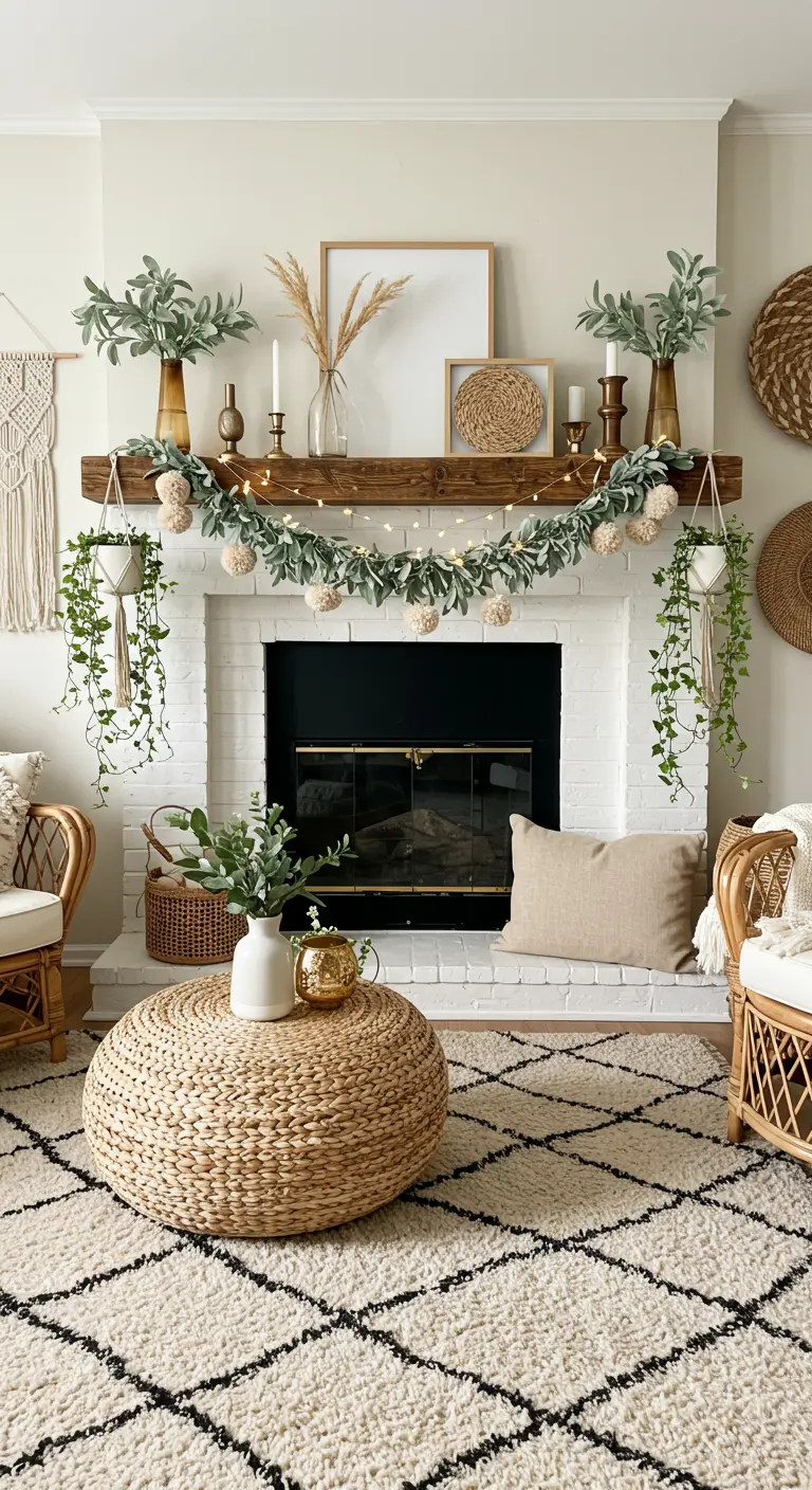 Boho mantel with a lambs ear and pom-pom garland, hanging plants, and pampas grass.