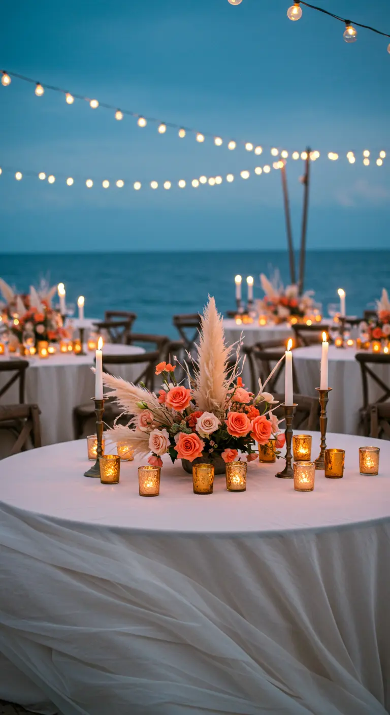 Beach wedding table with pampas grass, coral roses, and gold votives at twilight.