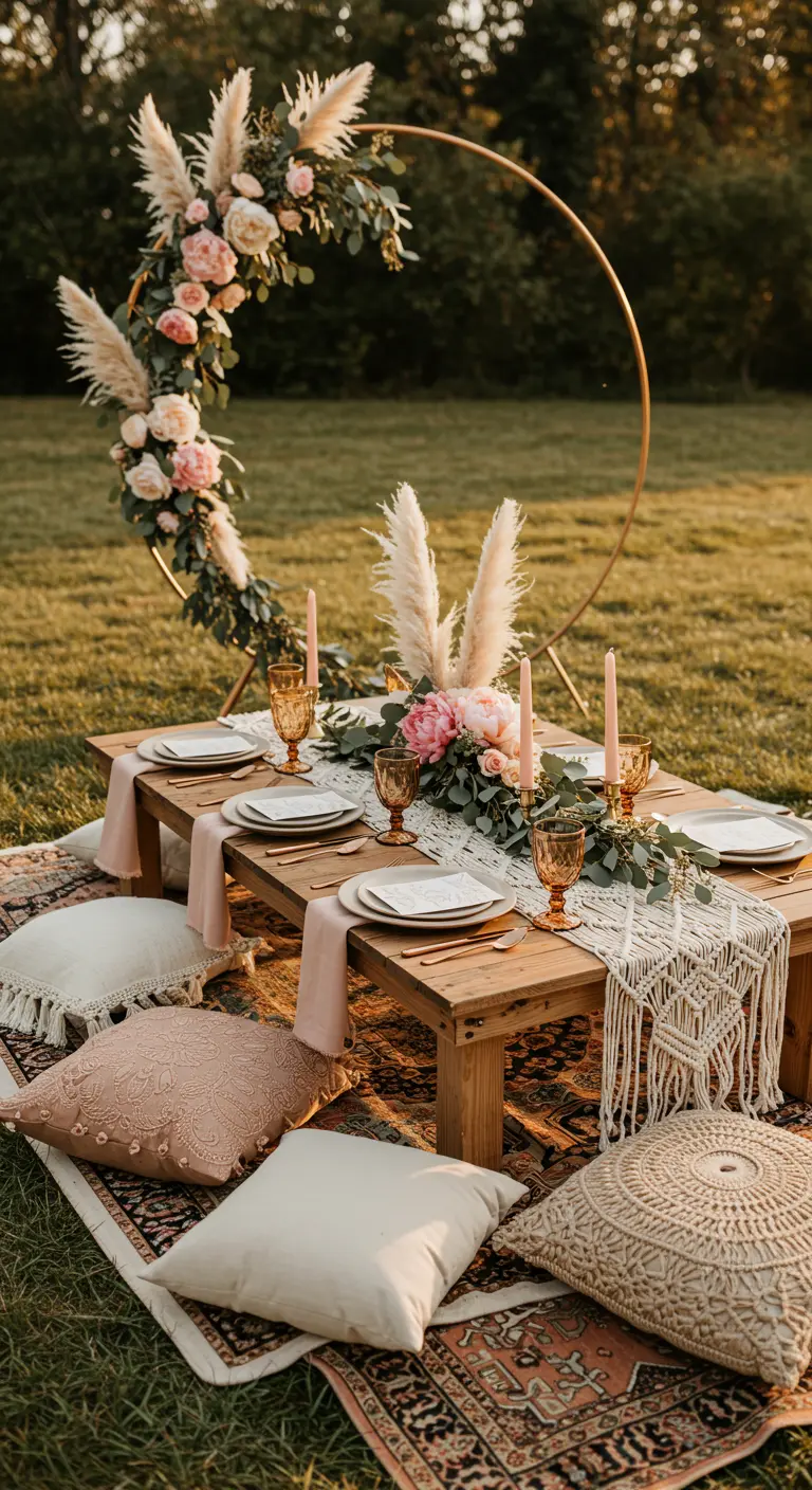 Boho picnic tablescape with a large floral hoop backdrop and macrame details.
