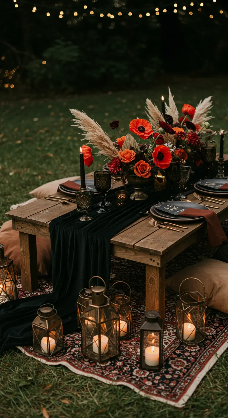 Outdoor boho picnic with a low table, rugs, cushions, and lanterns at night.