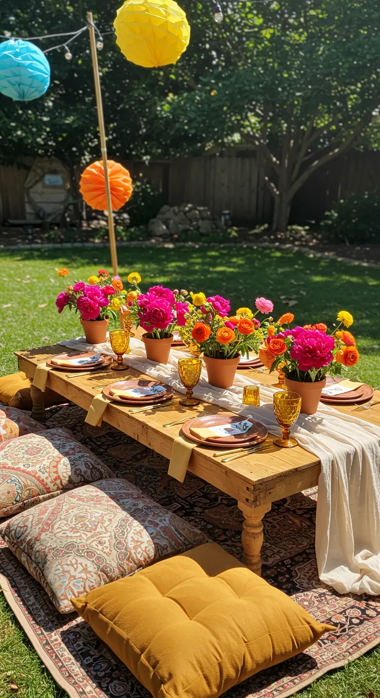 Outdoor picnic tablescape with colorful flowers and floor cushions.