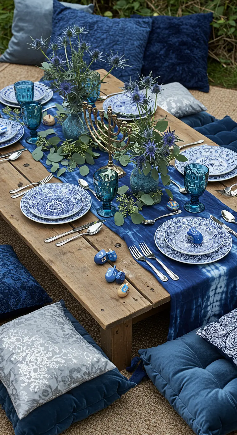 A low Hanukkah table set for a floor picnic with blue cushions, a tie-dye runner, and patterned plates.