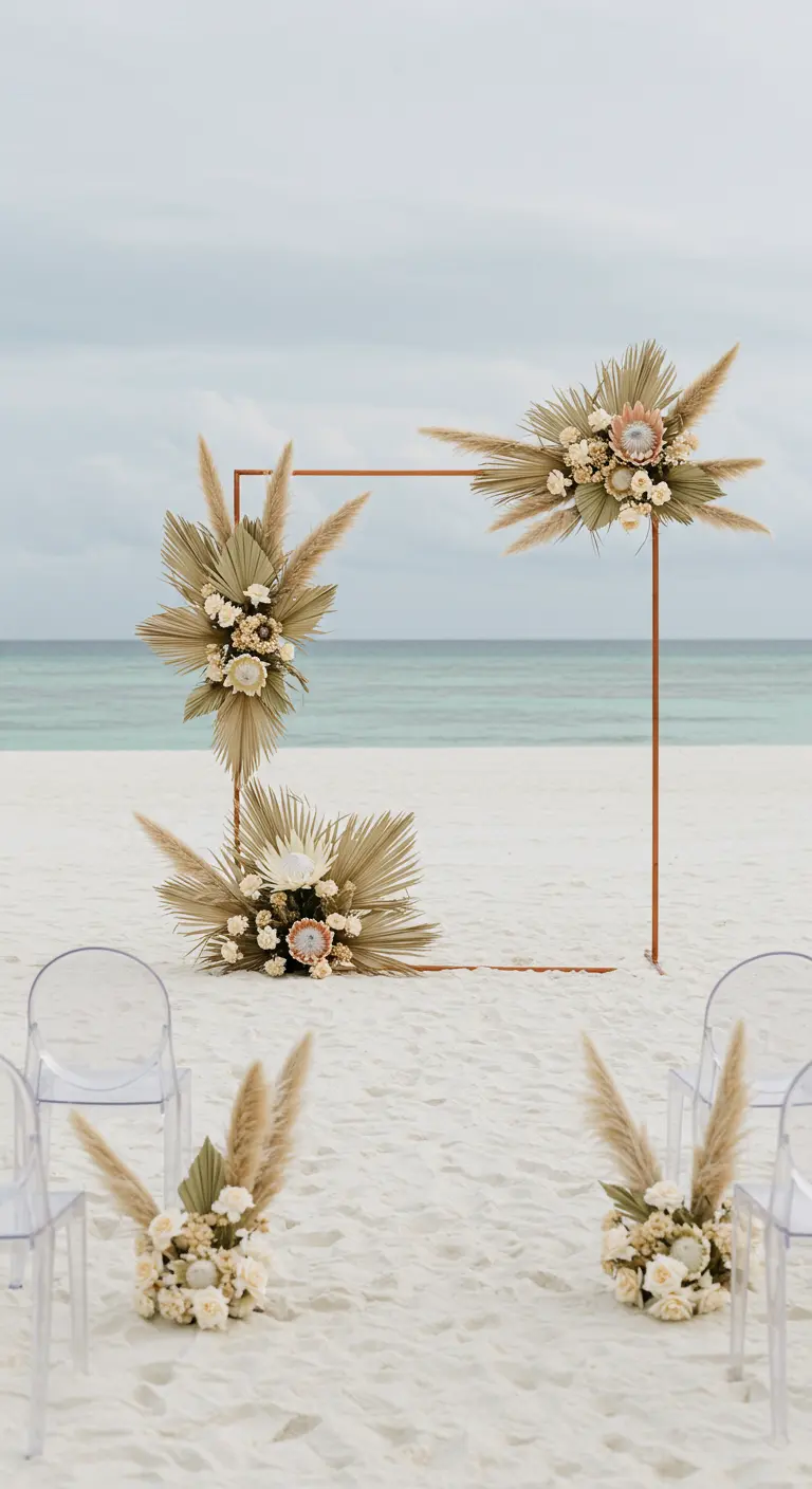 A minimalist copper wedding arch on a beach decorated with dried palms and pampas grass.
