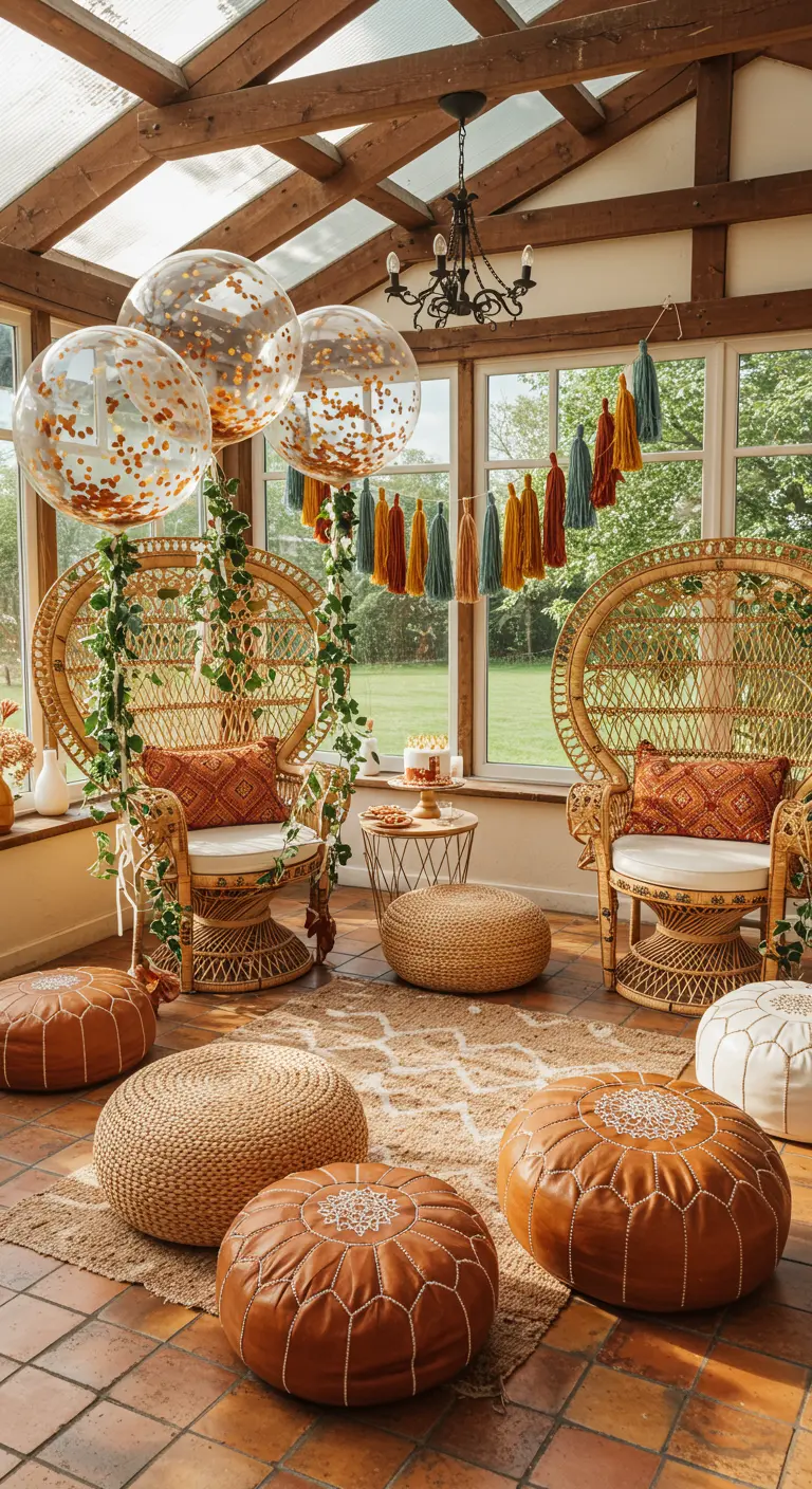 Boho sunroom with peacock chairs, gold confetti balloons, and an earthy-toned tassel garland.