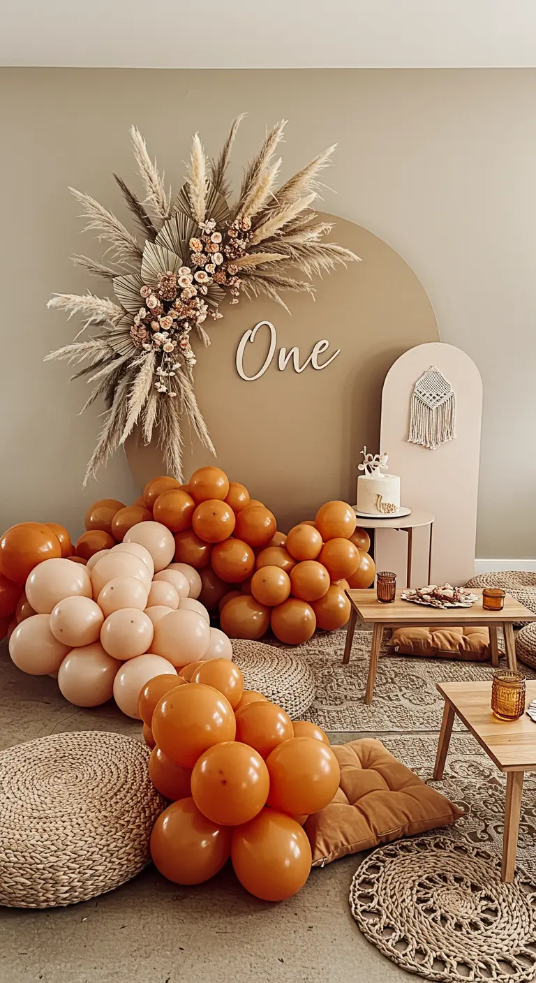 A boho-themed party with earthy orange balloons and a large pampas grass arrangement on a backdrop.