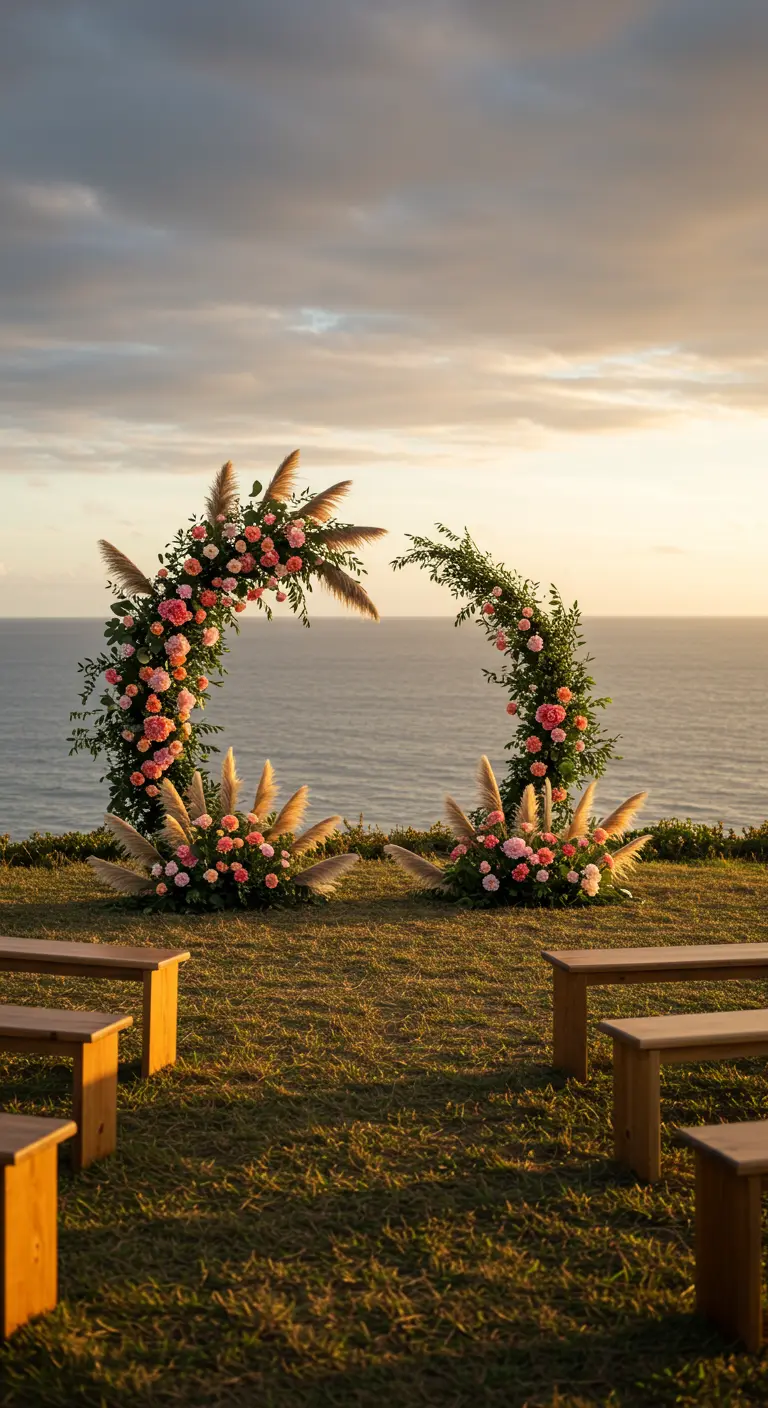 A deconstructed circular arch with peonies and pampas grass overlooking the ocean.