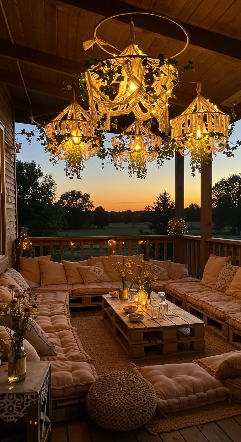 A cozy outdoor patio with pallet seating, cushions, and macrame lanterns.