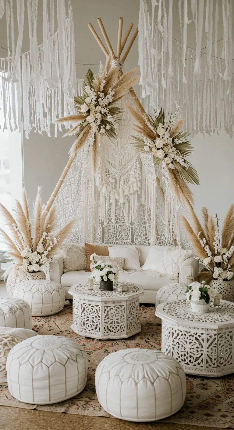 A bohemian wedding lounge area with a teepee, macrame, pampas grass, and white seating.