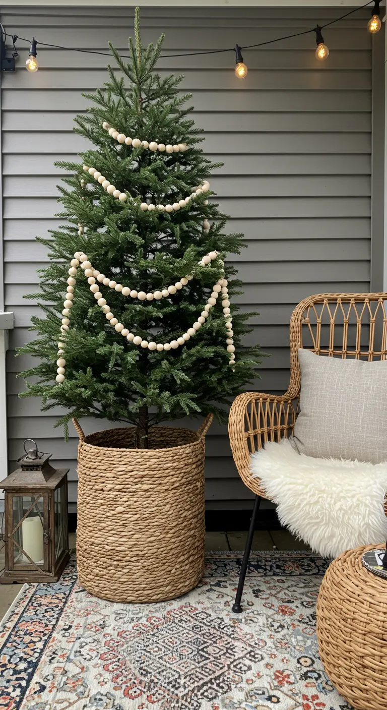 A small evergreen tree in a woven basket, decorated with a wooden bead garland on a porch.