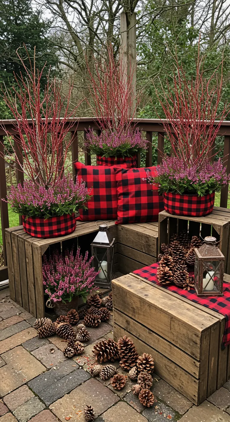 Patio with red dogwood, purple heather, buffalo plaid cushions, lanterns, and many pinecones.