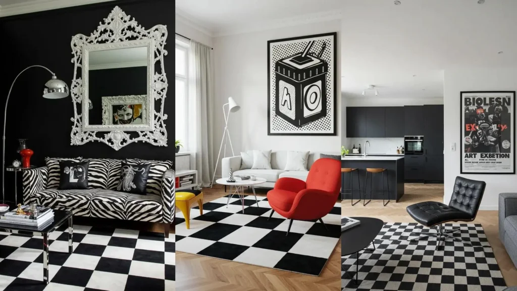 Three striking living rooms with bold black and white graphic design, featuring checkerboard rugs and unique statement art.