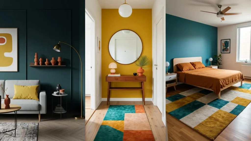 Three compact rooms showcasing bold mustard, teal, and terracotta color schemes in living, hall, and bedrooms.