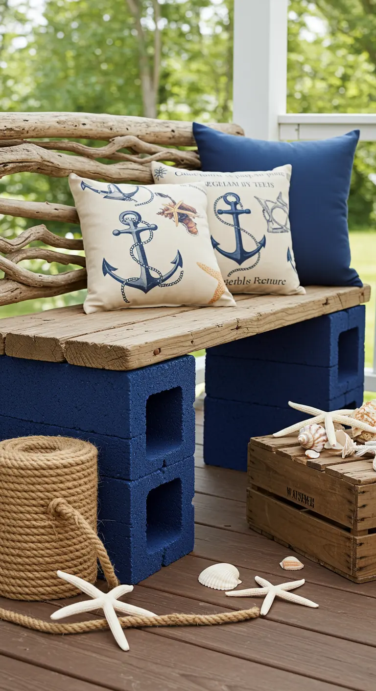 A cinder block bench painted navy blue, styled with anchor pillows, rope, and starfish.