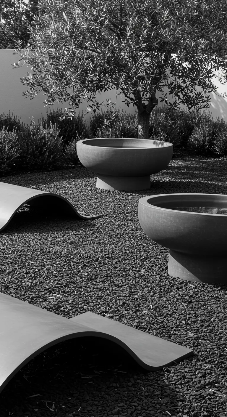 Modern black-and-white garden with large concrete basins and curved metal loungers on dark gravel.