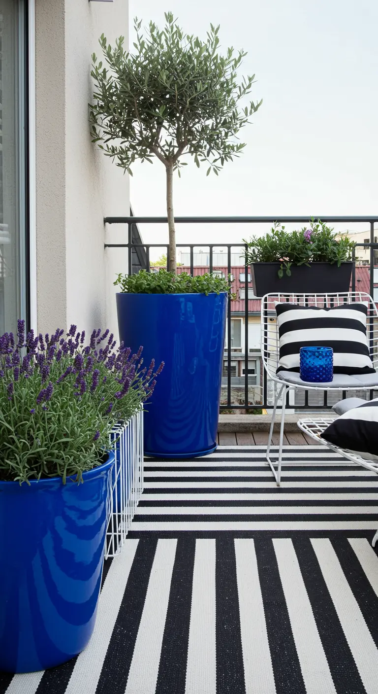 Modern balcony with large blue pots, a black and white striped rug, and a wireframe chair.