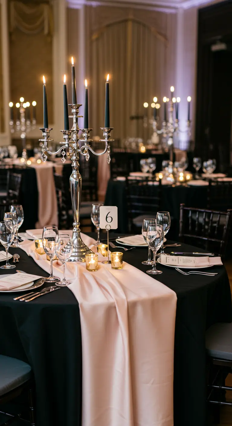 A round black table with a blush satin runner, a tall silver candelabra, and black candles.