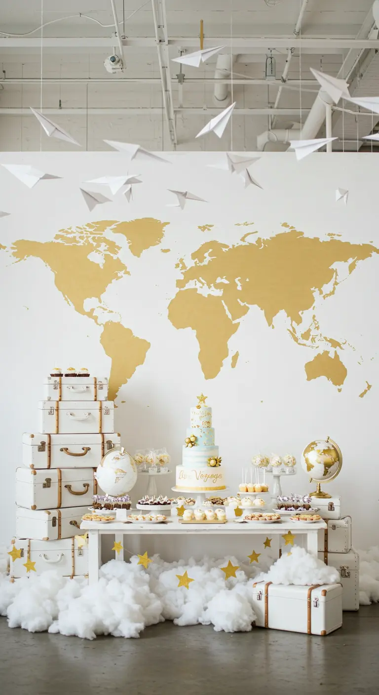 A travel-themed dessert table with a gold world map and stacked suitcases.