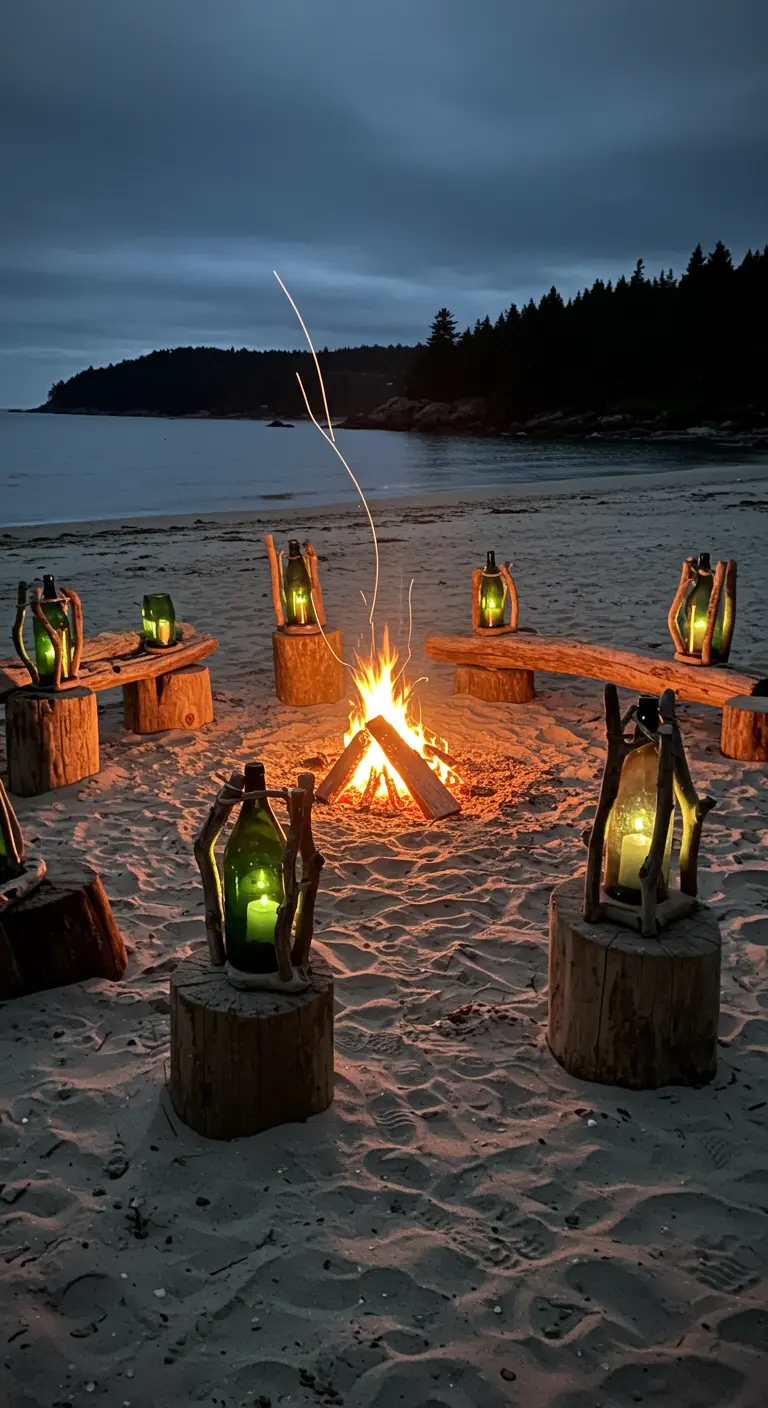 A circle of driftwood and wine bottle lanterns on log stumps around a beach bonfire.