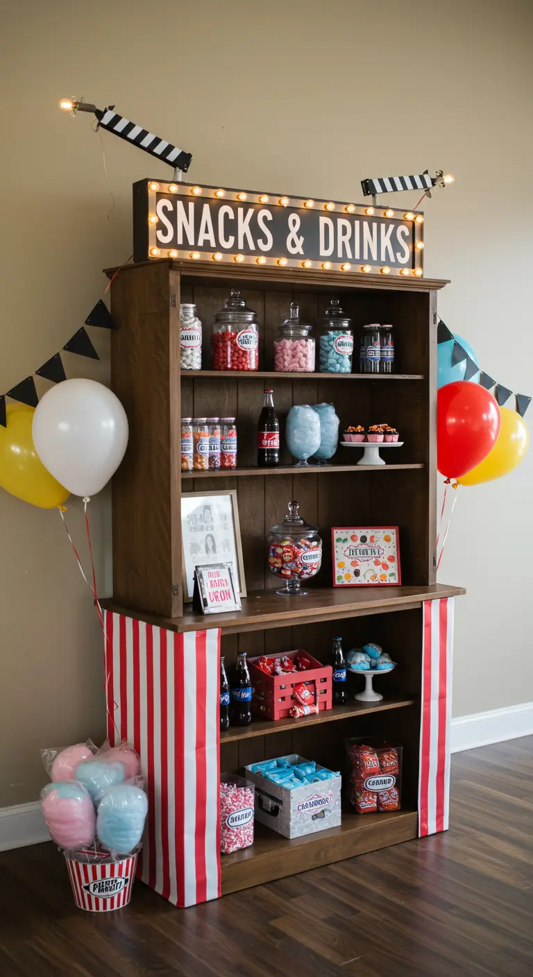 A wooden hutch transformed into a carnival snack bar with a marquee sign and striped skirt.