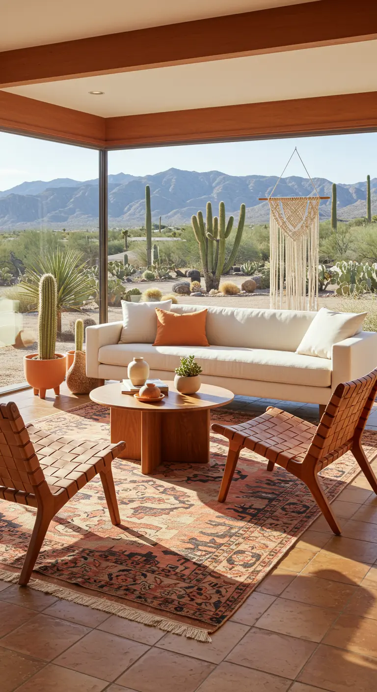 Desert modern living room with woven leather chairs and a terracotta-toned patterned rug.