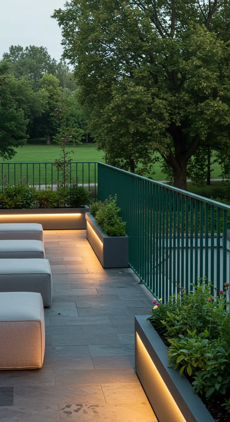 A rooftop terrace with a green railing overlooking a park, with low grey poufs and planters.