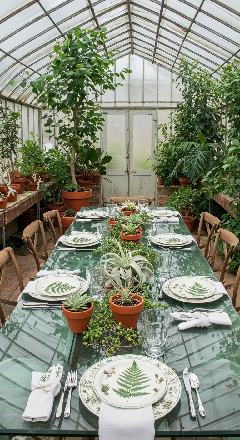 Glass table in a greenhouse with potted succulents as a centerpiece.