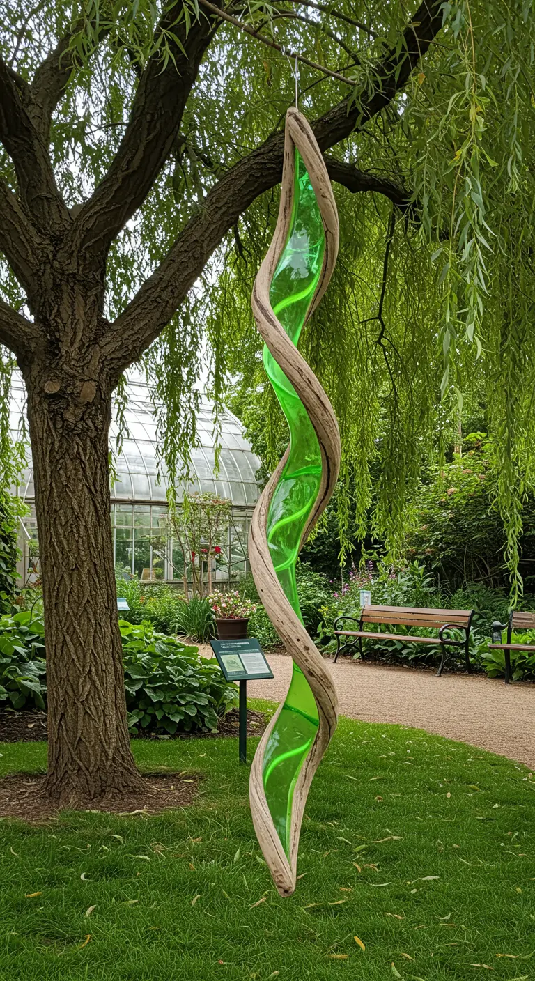 A tall, spiral driftwood spinner with lime green resin standing in a botanical garden.