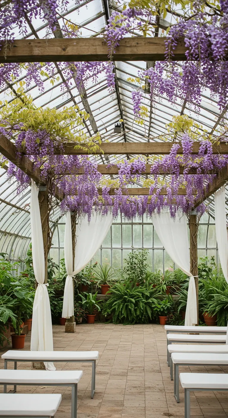 Wedding ceremony inside a greenhouse with wisteria hanging from a wooden frame.