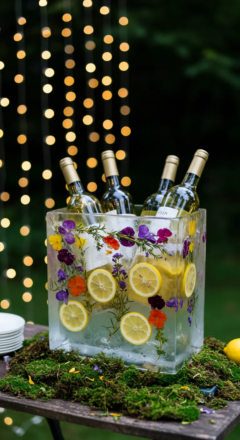 A large ice block bucket with flowers and lemons frozen inside, chilling wine.
