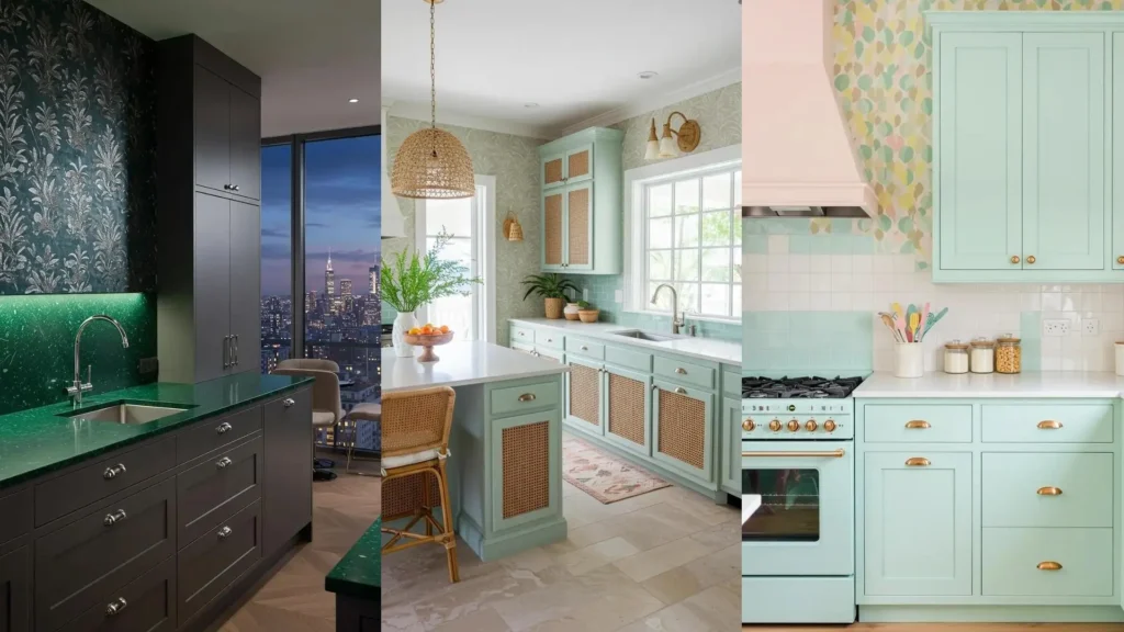 Three botanical-inspired kitchens featuring leaf print wallpaper, green quartz counters, and elegant green cabinetry.