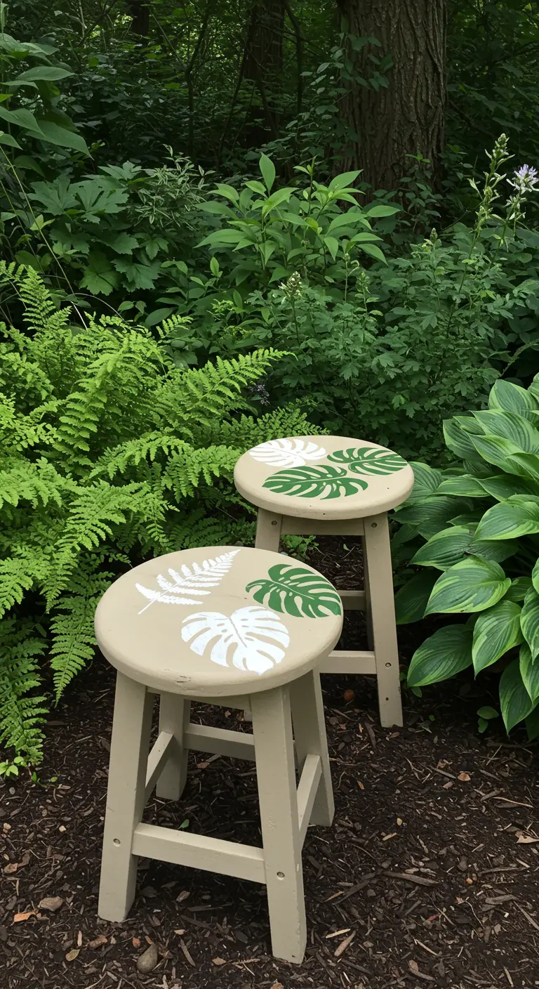 Two beige stools with white stenciled fern and monstera leaf patterns in a lush garden.