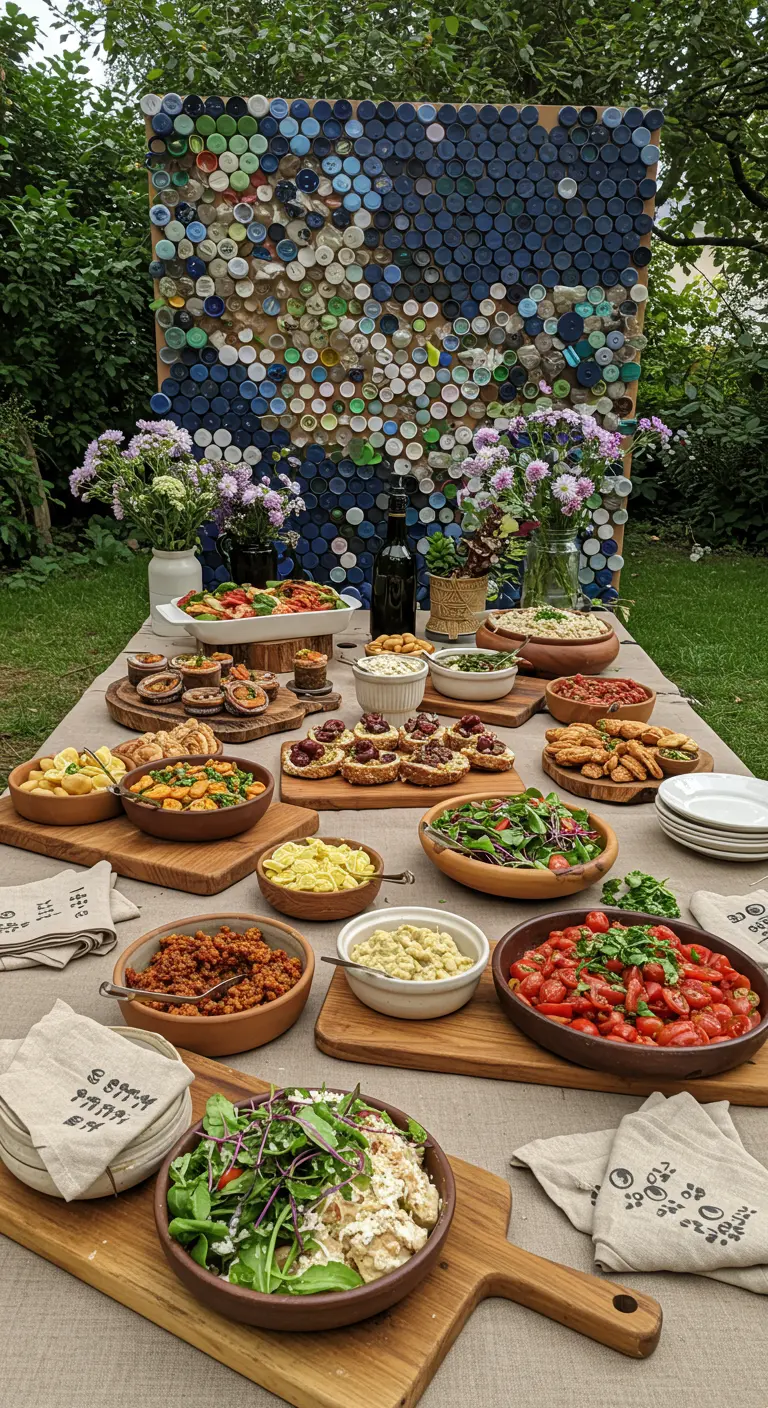 Outdoor buffet table with a colorful backdrop made of bottle caps.