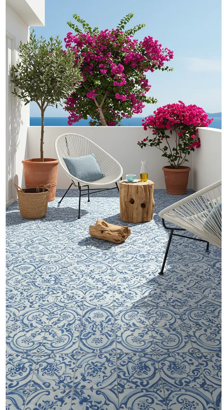 A balcony with blue and white patterned tile flooring, white chairs, and vibrant pink bougainvillea plants.