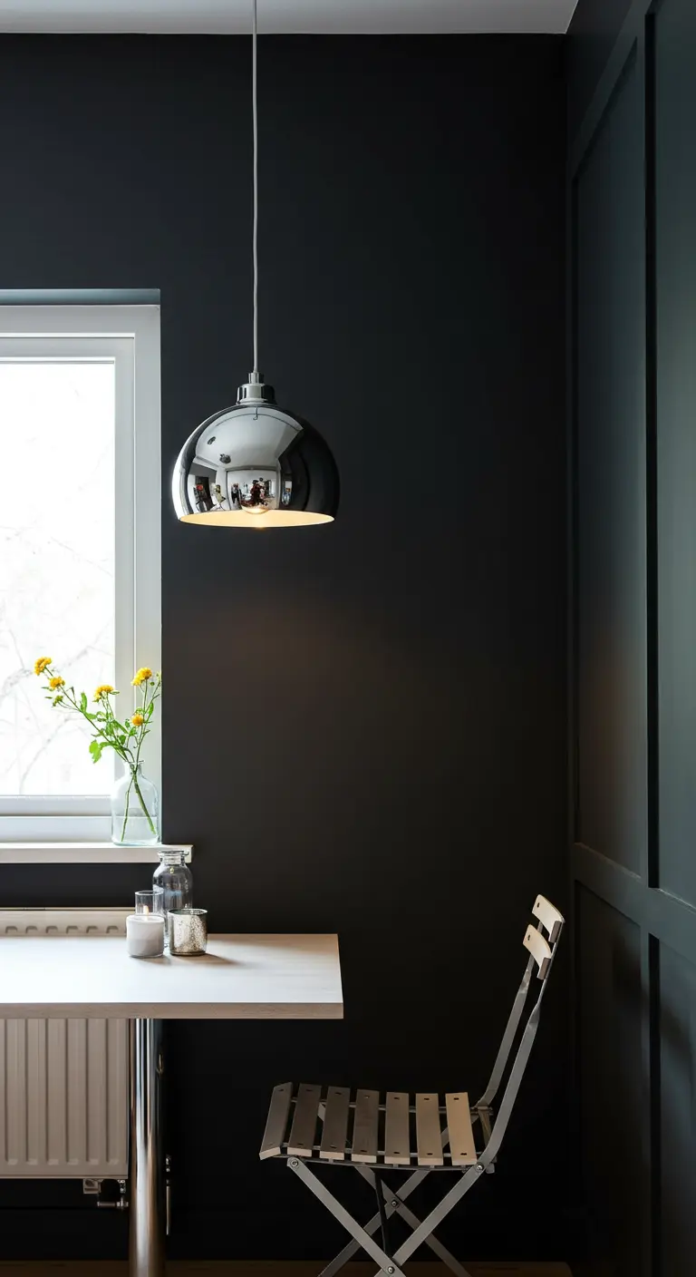 A dark-walled dining nook with a highly reflective, polished chrome dome pendant over the table.