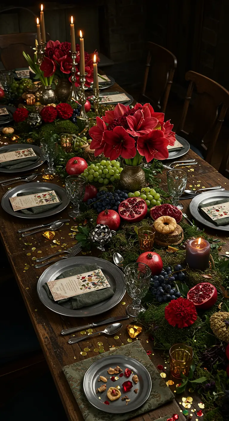 A lush, rustic tablescape with a runner of fruit, moss, and flowers.