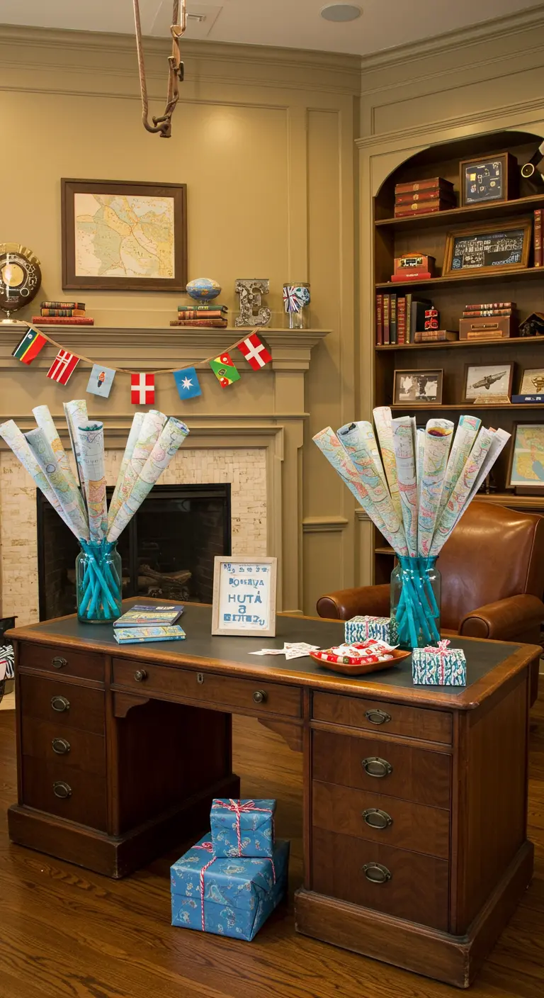 Vases filled with rolled-up maps on a vintage wooden desk.