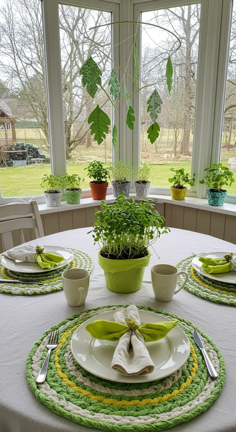 Round placemats braided from green and white t-shirt yarn on a brunch table.